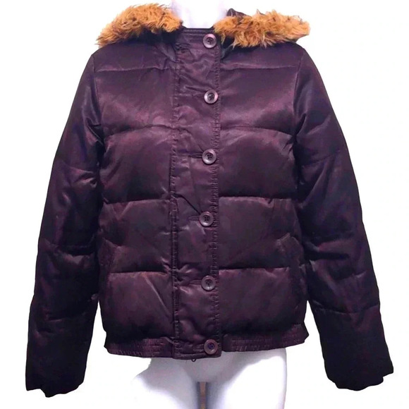 Old Navy Purple Feather Down Jacket With Removable Hood Faux Fur Y2K - Picture 1 of 6